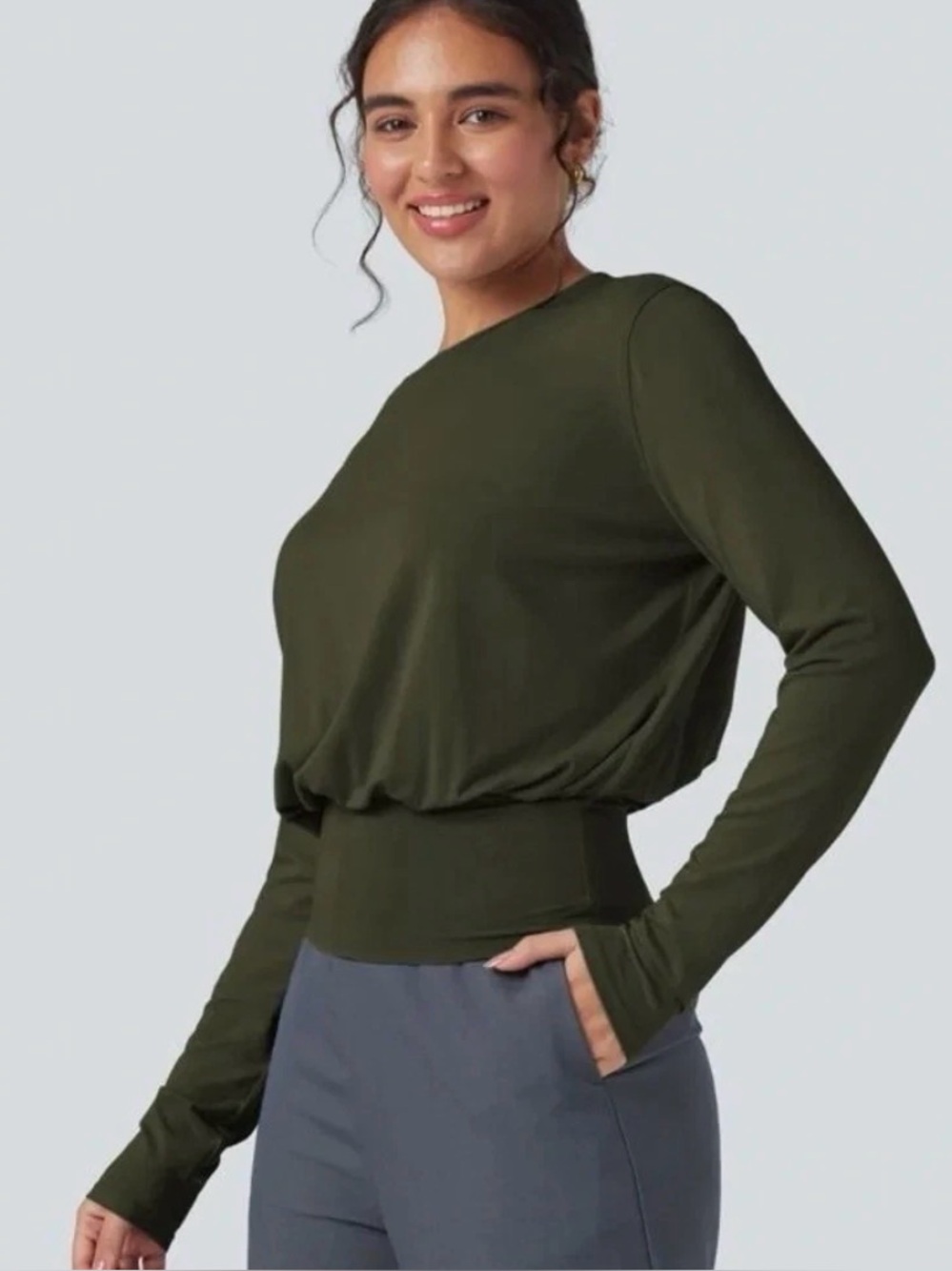 Halara Women’s Medium Black Long Sleeve Blouson Top Wide Waistband NWT

New with